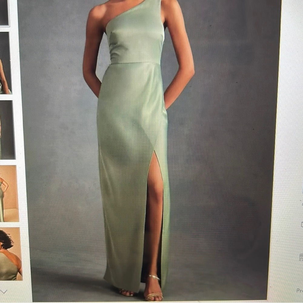 BHLDN Dylan one shoulder satin side slit gown in Moss